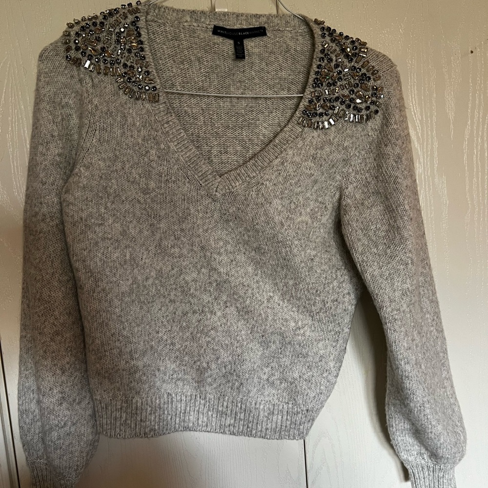 White House Black Market Gray V-Neck Sweater with Embellished Shoulder